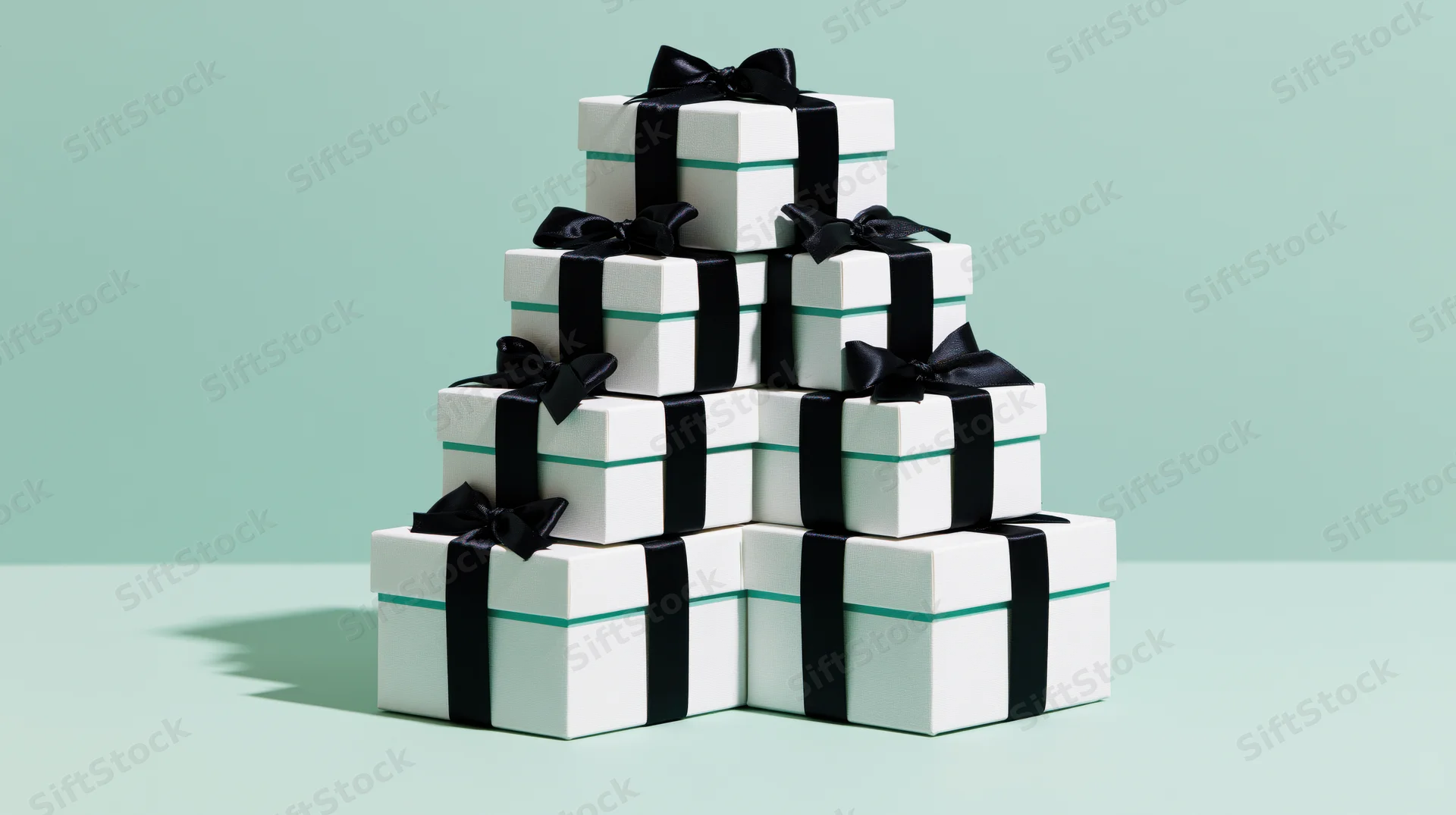 Pyramid stack of white gift boxes tied with black satin ribbons on a mint green surface