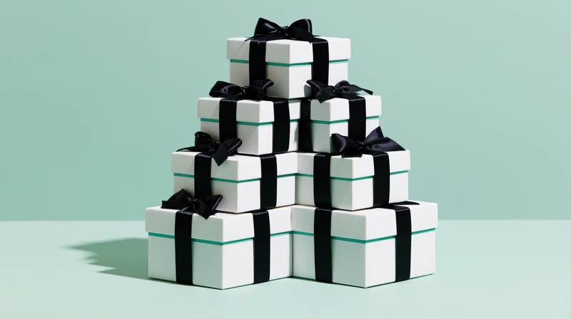Pyramid stack of white gift boxes tied with black satin ribbons on a mint green surface