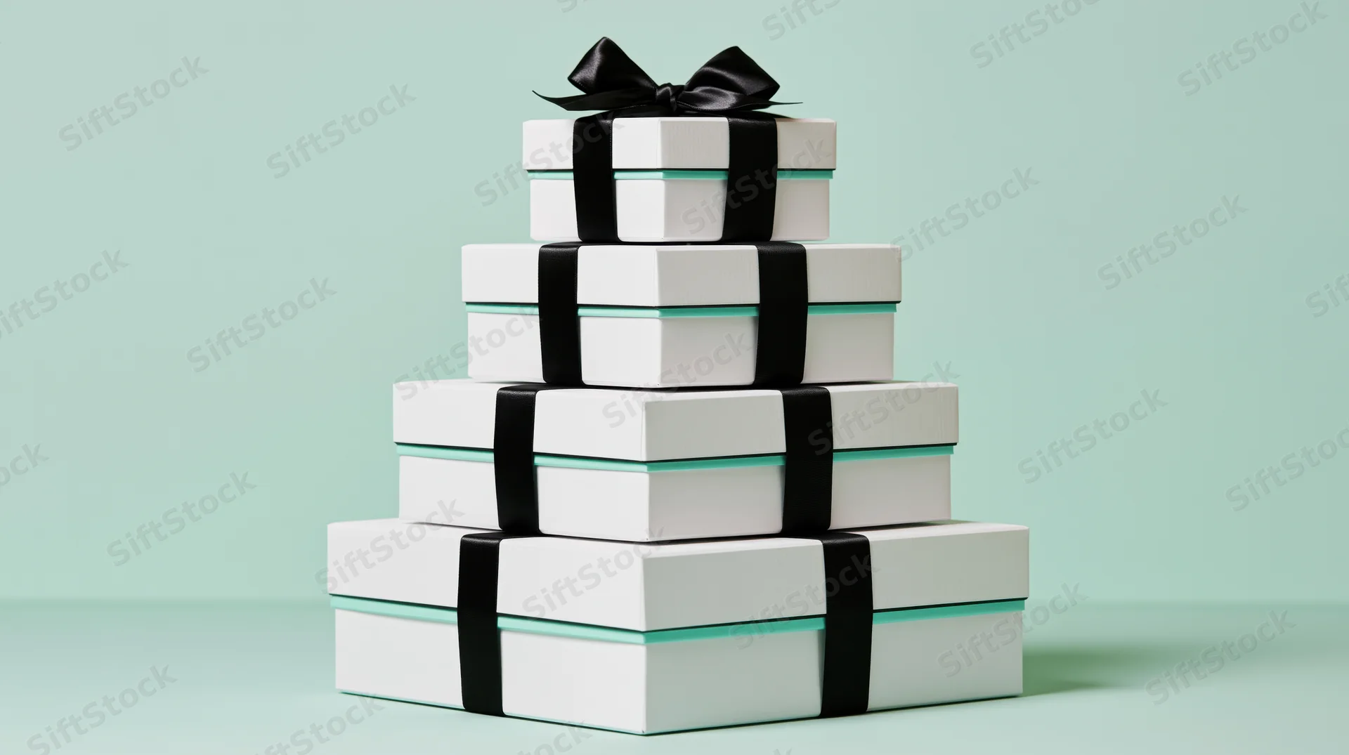 Pyramid stack of white gift boxes tied with black satin ribbon on mint background