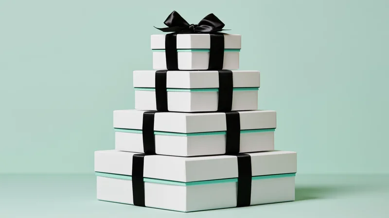 Pyramid stack of white gift boxes tied with black satin ribbon on mint background
