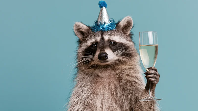 Raccoon wearing a party hat and holding a champagne flute against a blue background