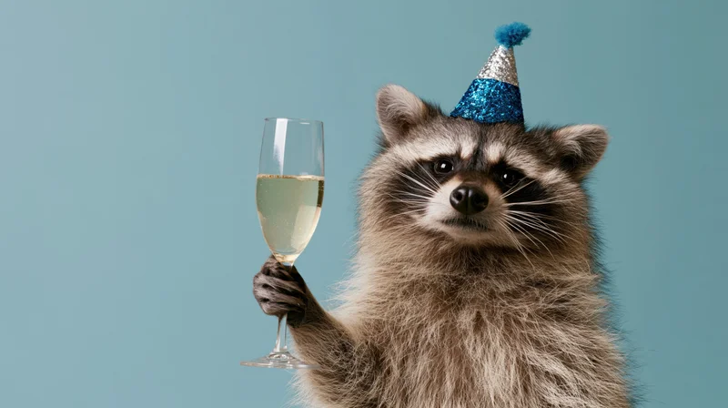 Raccoon standing upright holding a champagne flute wearing a blue glitter party hat against a solid blue background