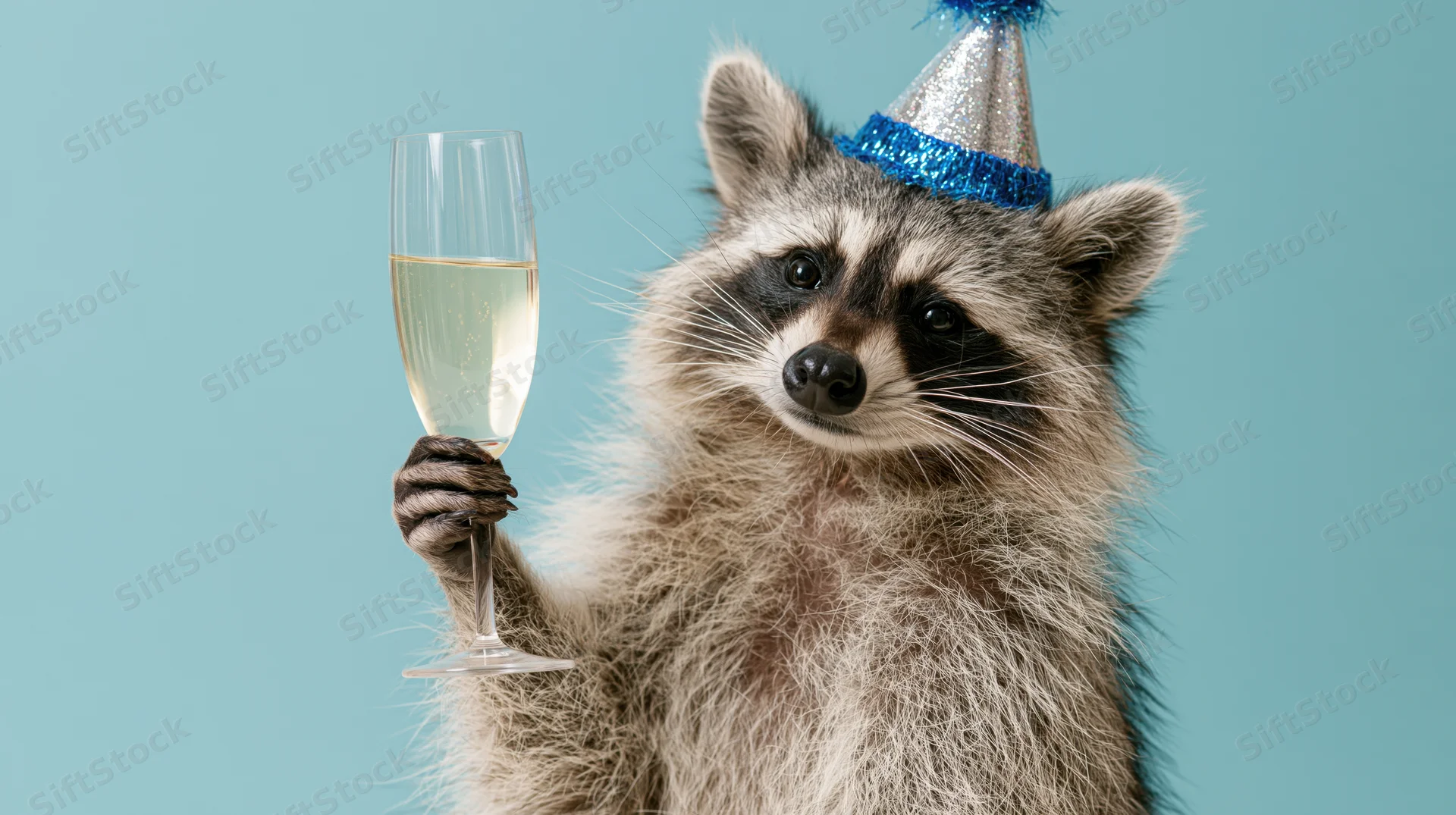 Raccoon wearing party hat holding champagne flute against light blue background