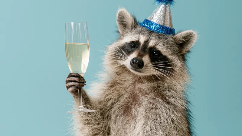 Raccoon wearing party hat holding champagne flute against light blue background