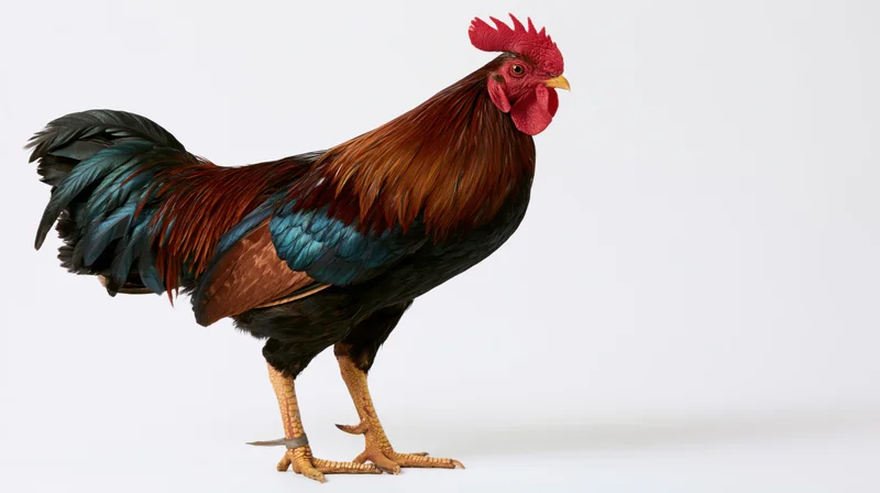 Rooster standing in profile full body visible against white background