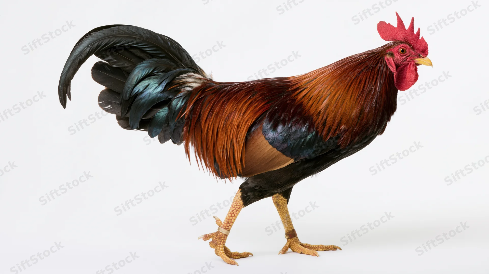 Rooster standing in profile full body visible against white background
