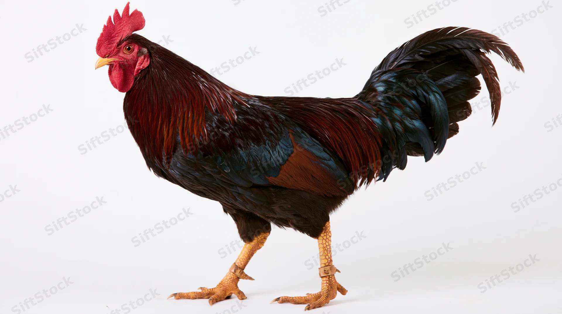 Rooster standing in profile full body visible against white background