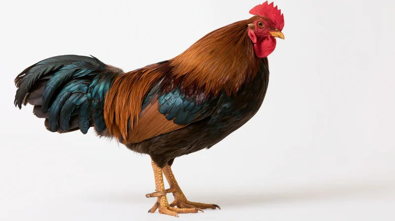 Rooster standing in profile full body visible against white background