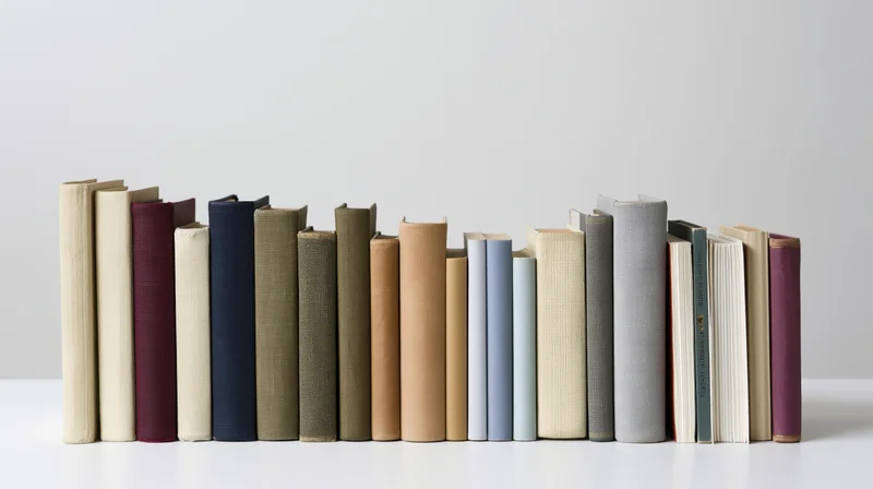 Row of hardcover and paperback books standing upright on a white surface