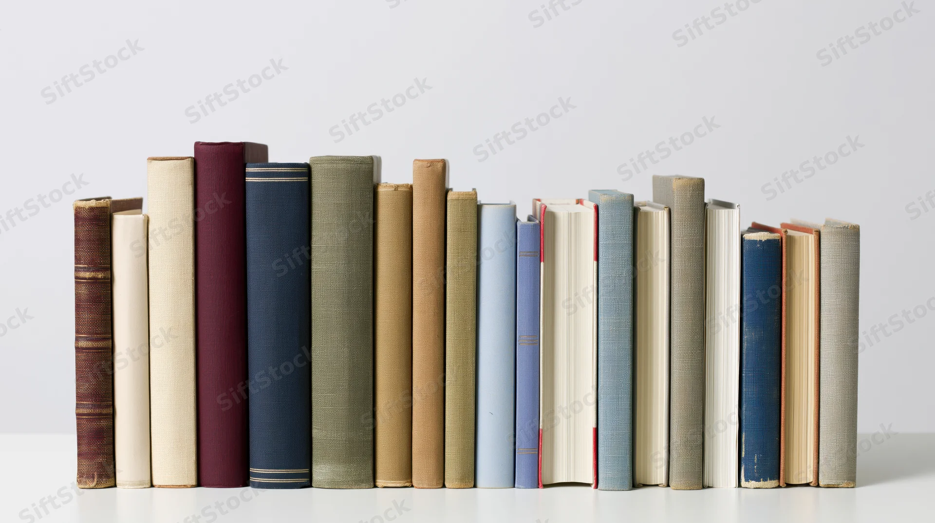 Row of vintage books standing upright on a white surface