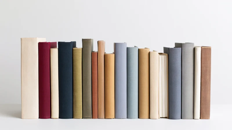 Row of hardcover and paperback books standing upright on white surface