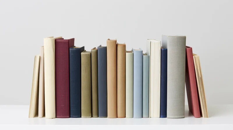 Row of hardcover and paperback books standing upright on a white surface