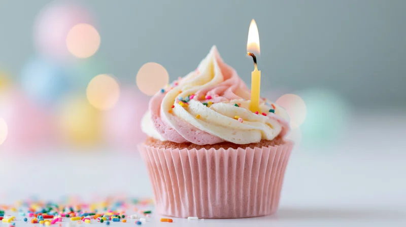 Single birthday cupcake with lit candle and sprinkles on white surface