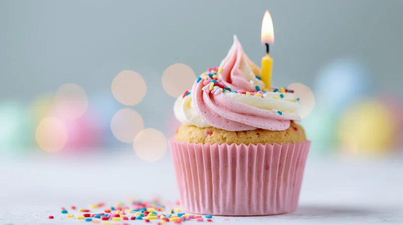 Single birthday cupcake with lit candle and sprinkles on white surface against blurred colorful background