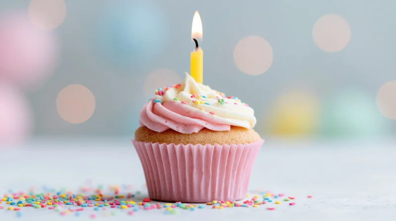 Single birthday cupcake with lit candle and sprinkles on a light surface