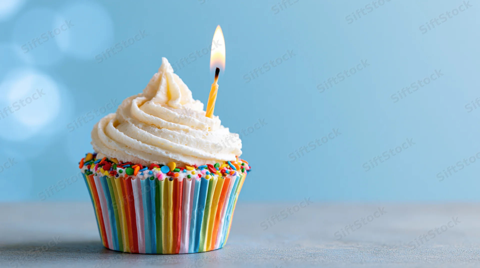 Birthday cupcake with lit candle and rainbow sprinkles on blue background