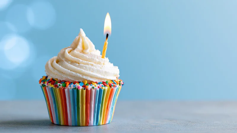 Birthday cupcake with lit candle and rainbow sprinkles on blue background