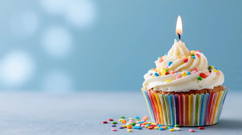 Single birthday cupcake with lit candle and sprinkles on a blue surface