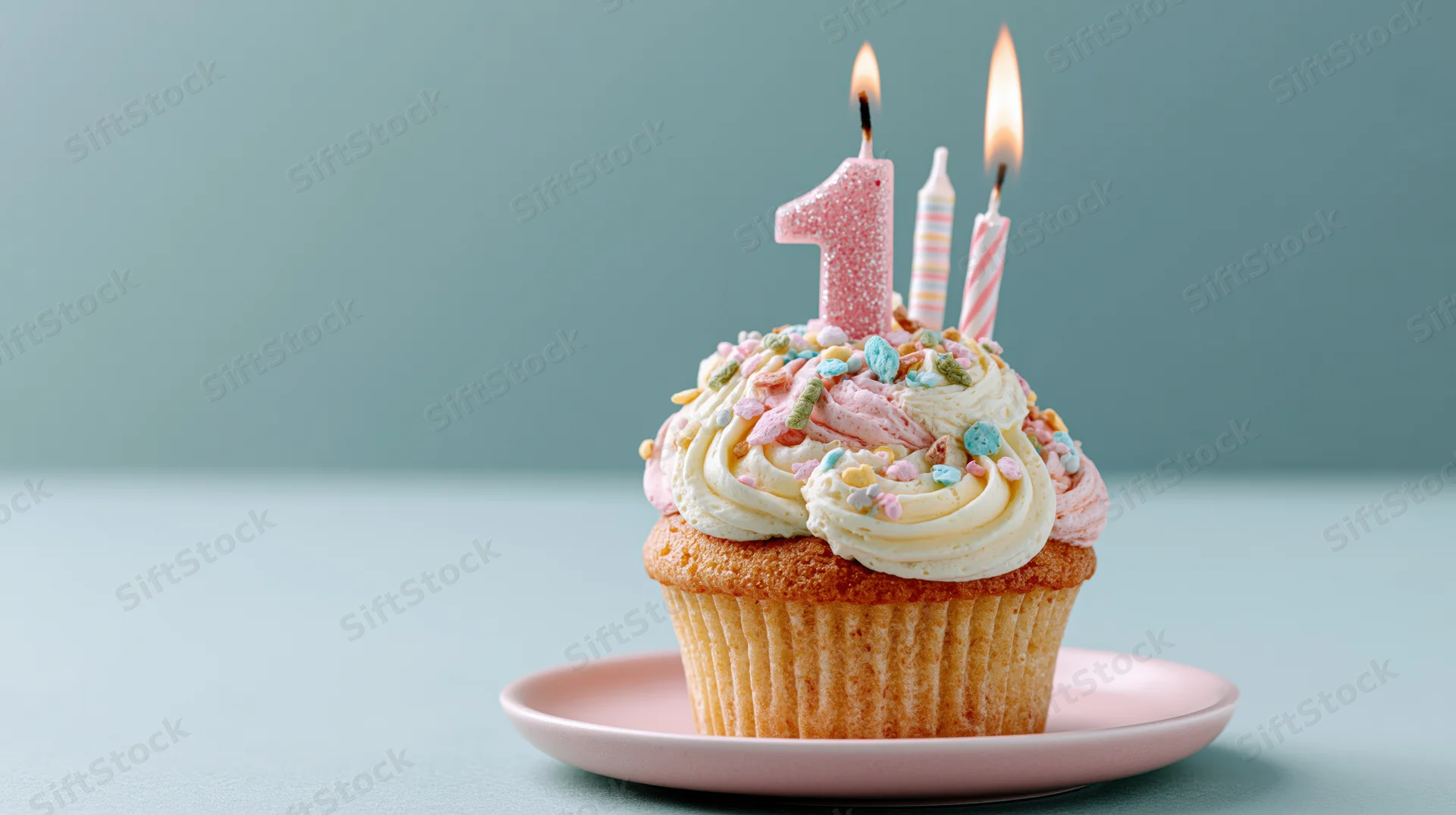 Birthday cupcake with lit candles and pastel frosting on a pink plate