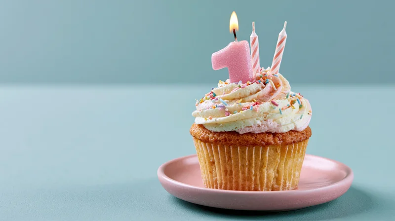 Birthday cupcake with lit number one candle and sprinkles on pink plate