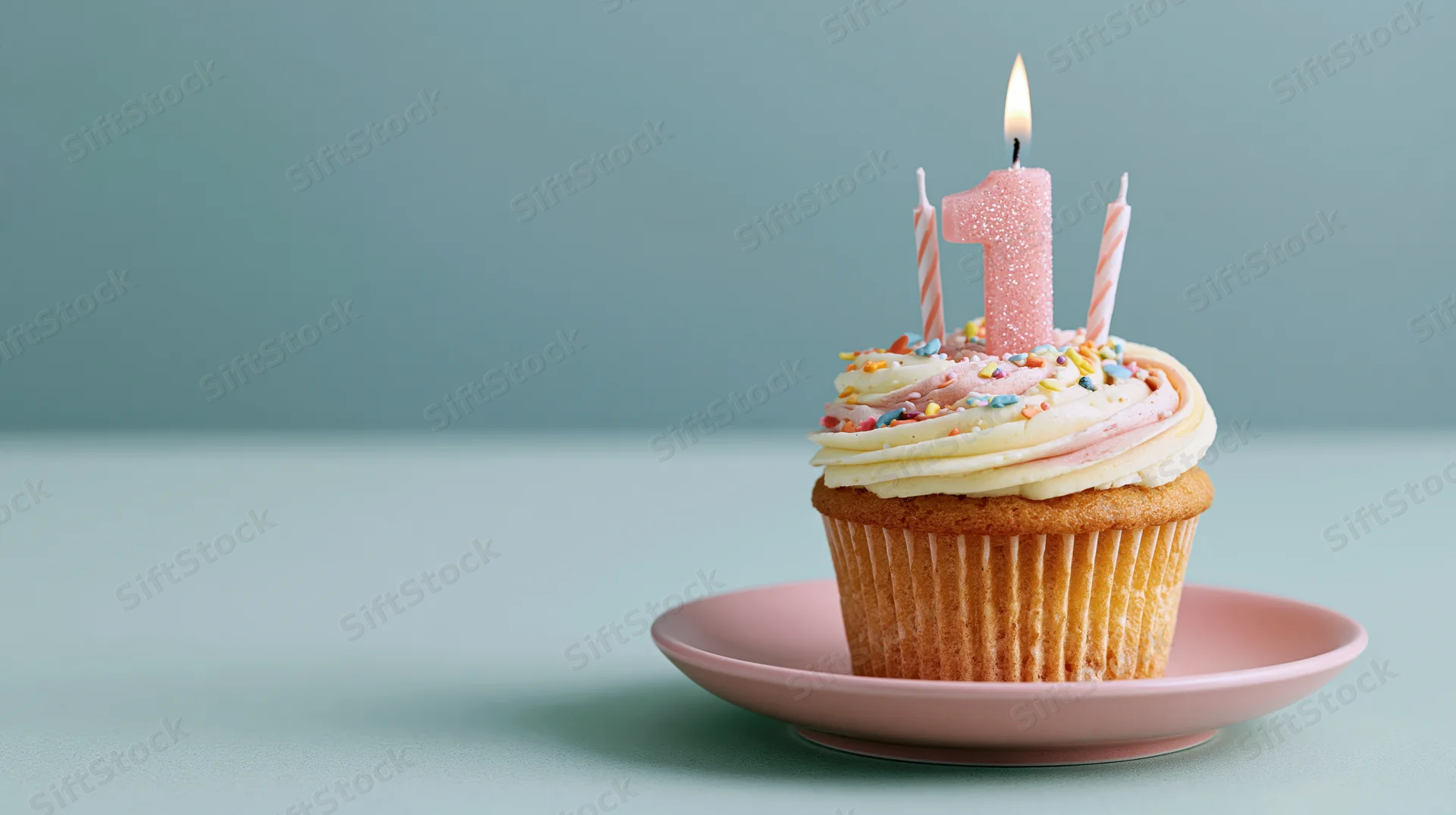 A birthday cupcake with number one candle and sprinkles on a pink plate