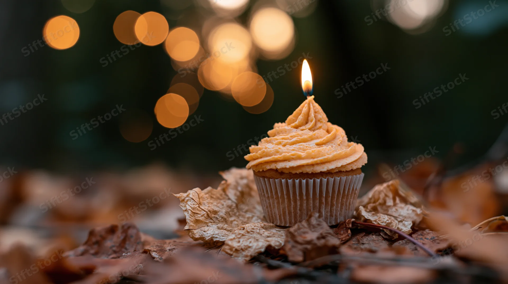 Single birthday cupcake with lit candle and orange frosting on fallen autumn leaves outdoors