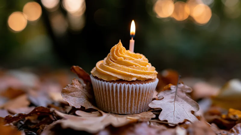 Single birthday cupcake with lit candle and orange frosting on autumn leaves outdoors