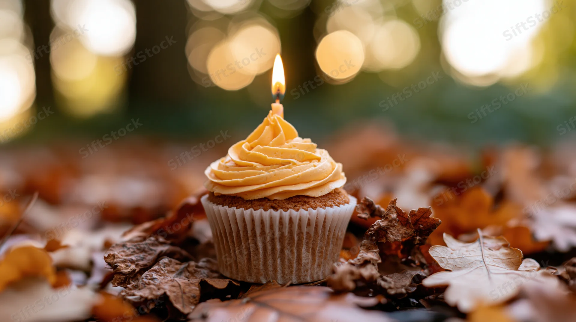 Single birthday cupcake with lit candle and orange frosting on autumn leaves outdoors