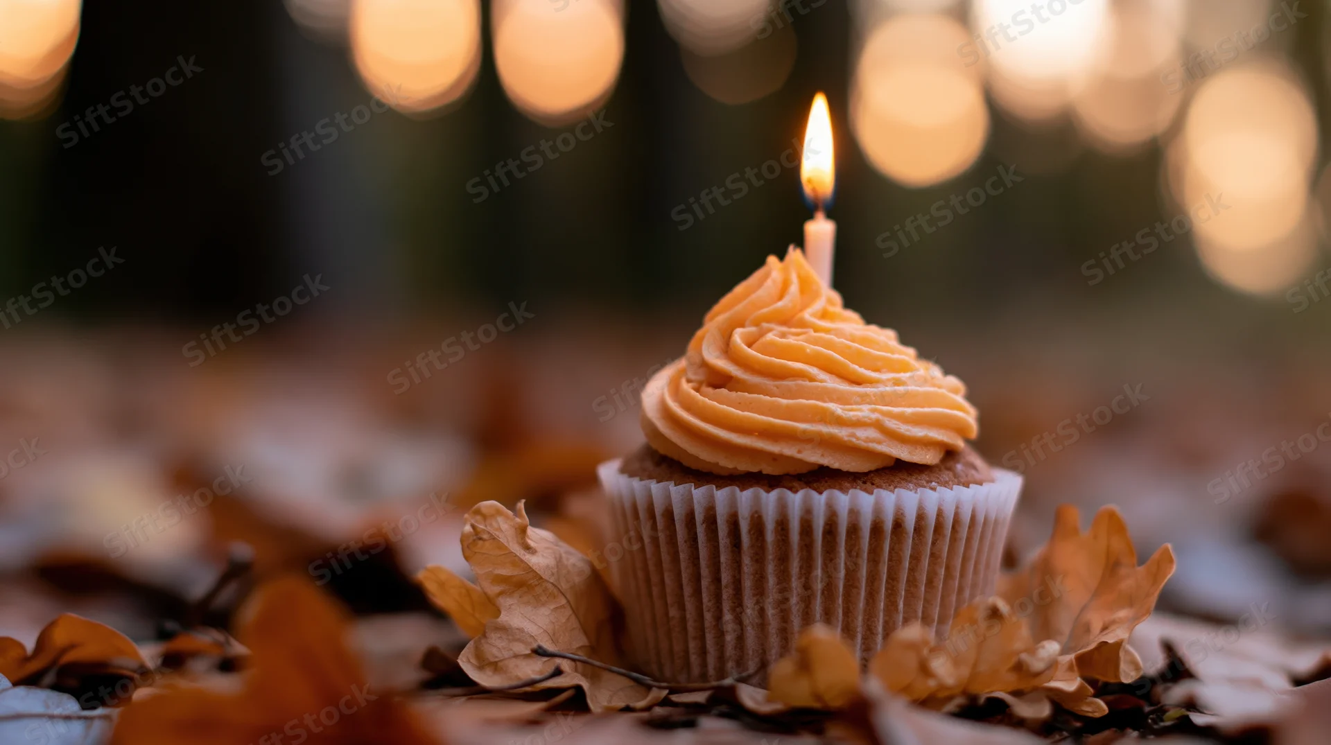 Single birthday cupcake with lit candle and orange frosting on autumn leaves outdoors
