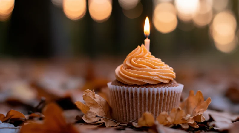 Single birthday cupcake with lit candle and orange frosting on autumn leaves outdoors