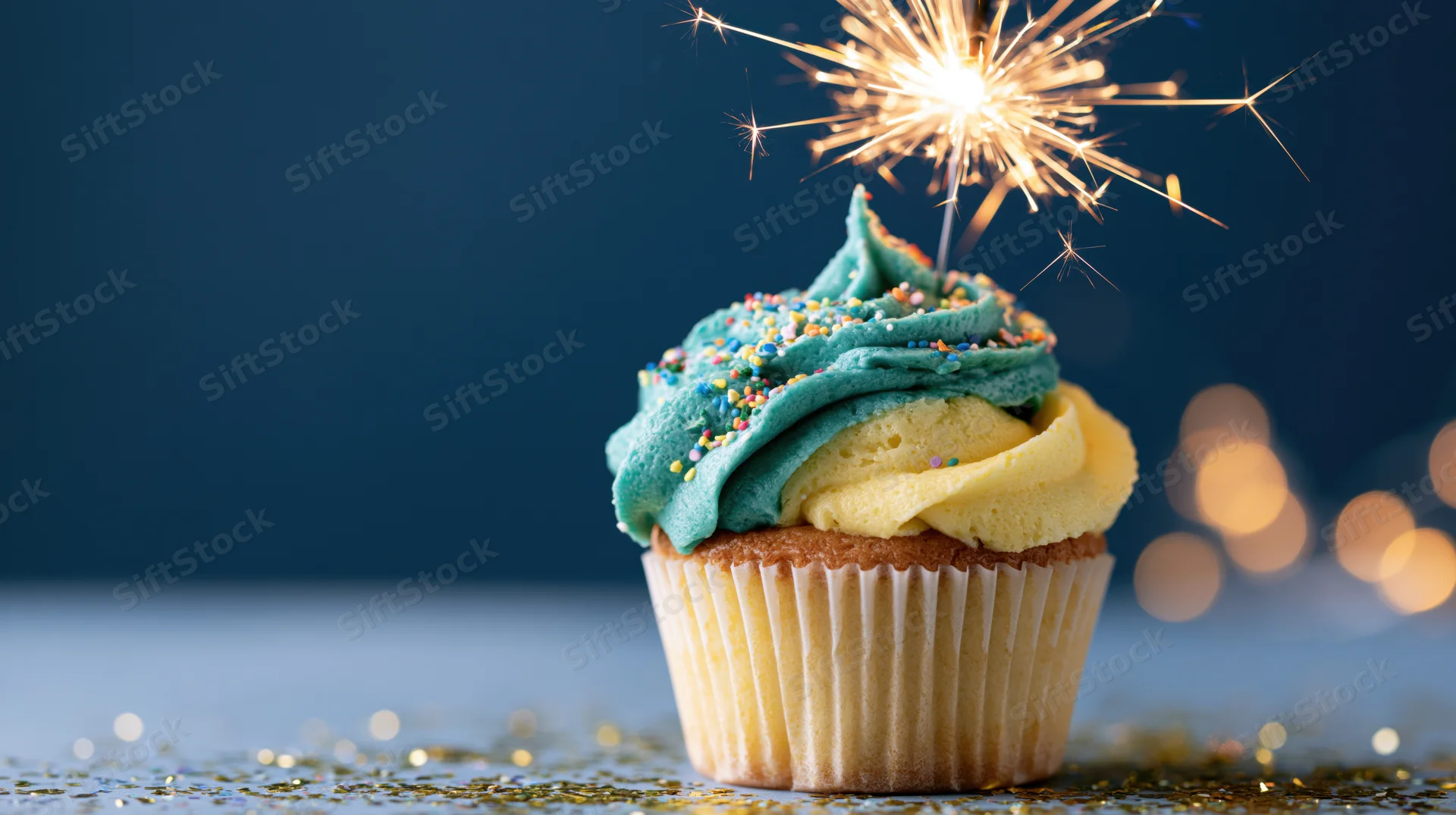 Birthday cupcake with teal and yellow frosting and sparkler on dark blue background