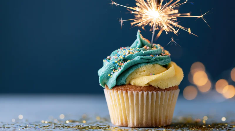 Birthday cupcake with teal and yellow frosting and sparkler on dark blue background