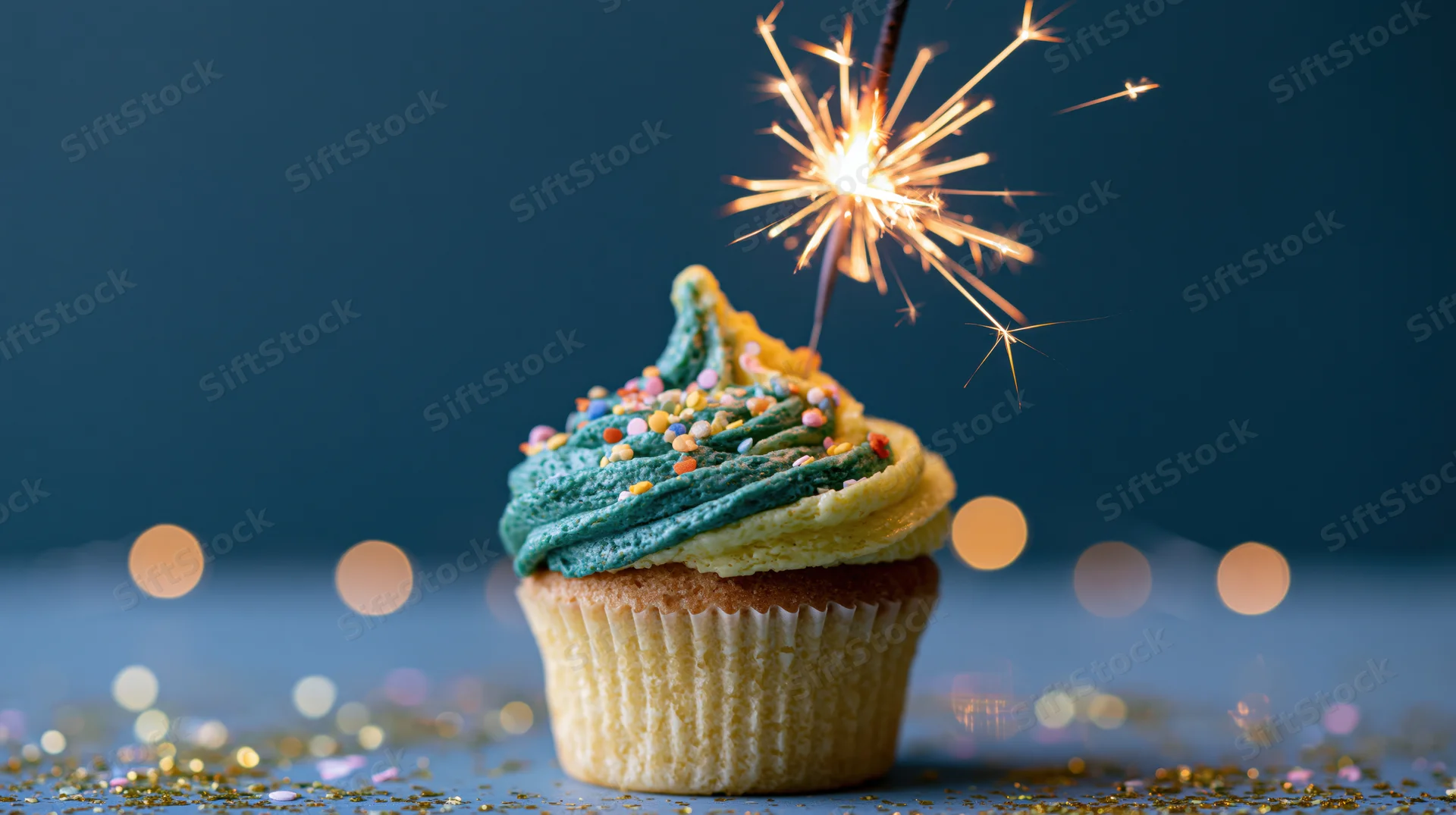 Birthday cupcake with teal and yellow frosting and sparkler on blue background