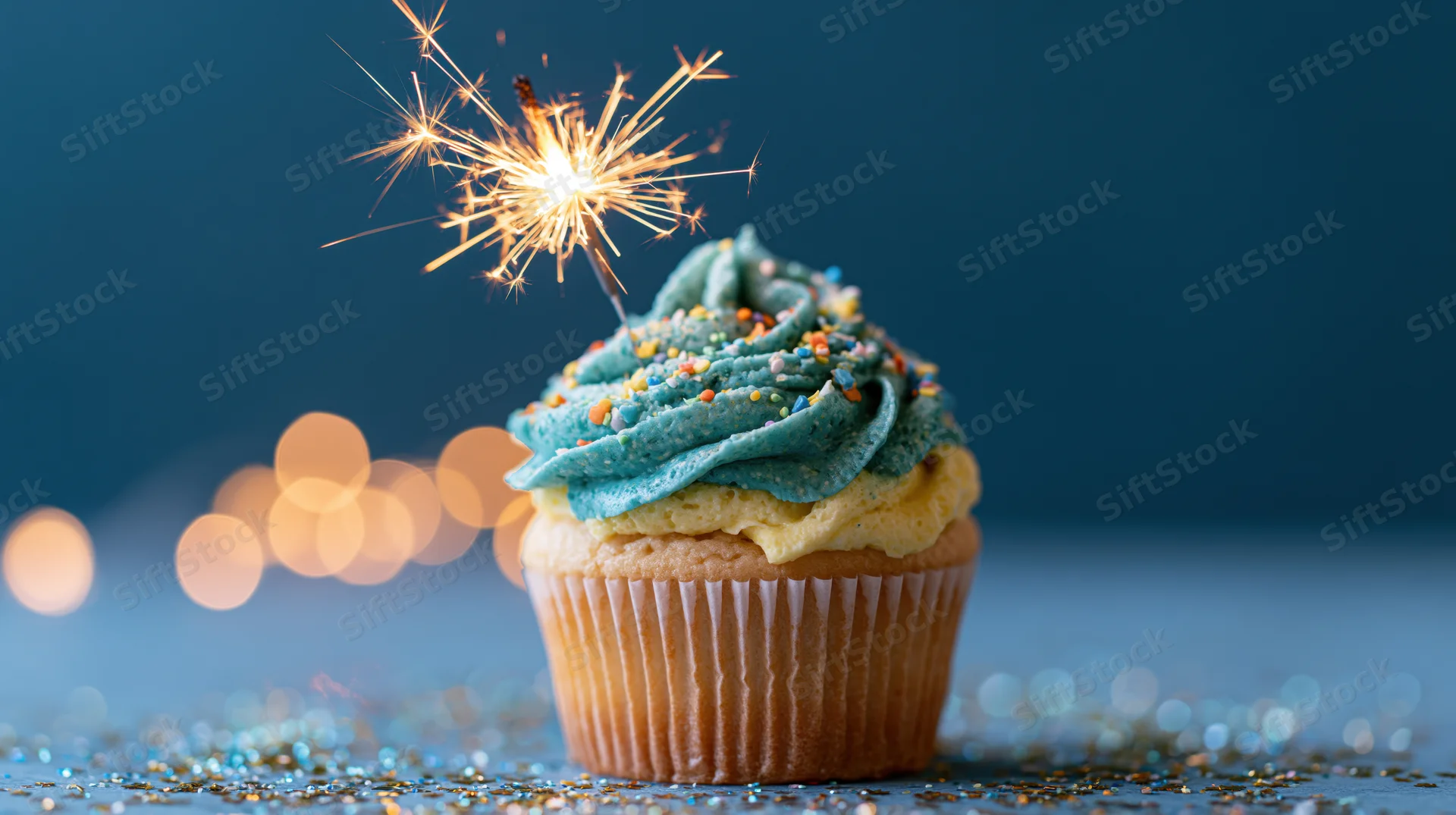 Birthday cupcake with teal and yellow frosting and sparkler on blue background