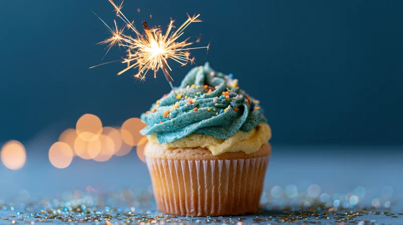 Birthday cupcake with teal and yellow frosting and sparkler on blue background