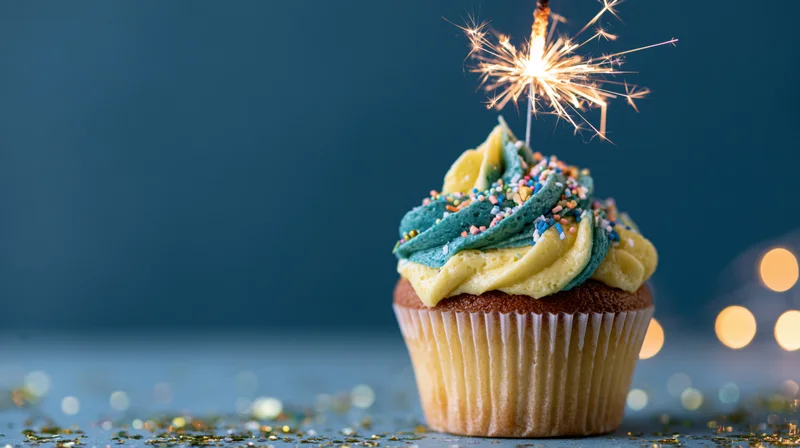 Birthday cupcake with teal and yellow frosting and sparkler on blue background