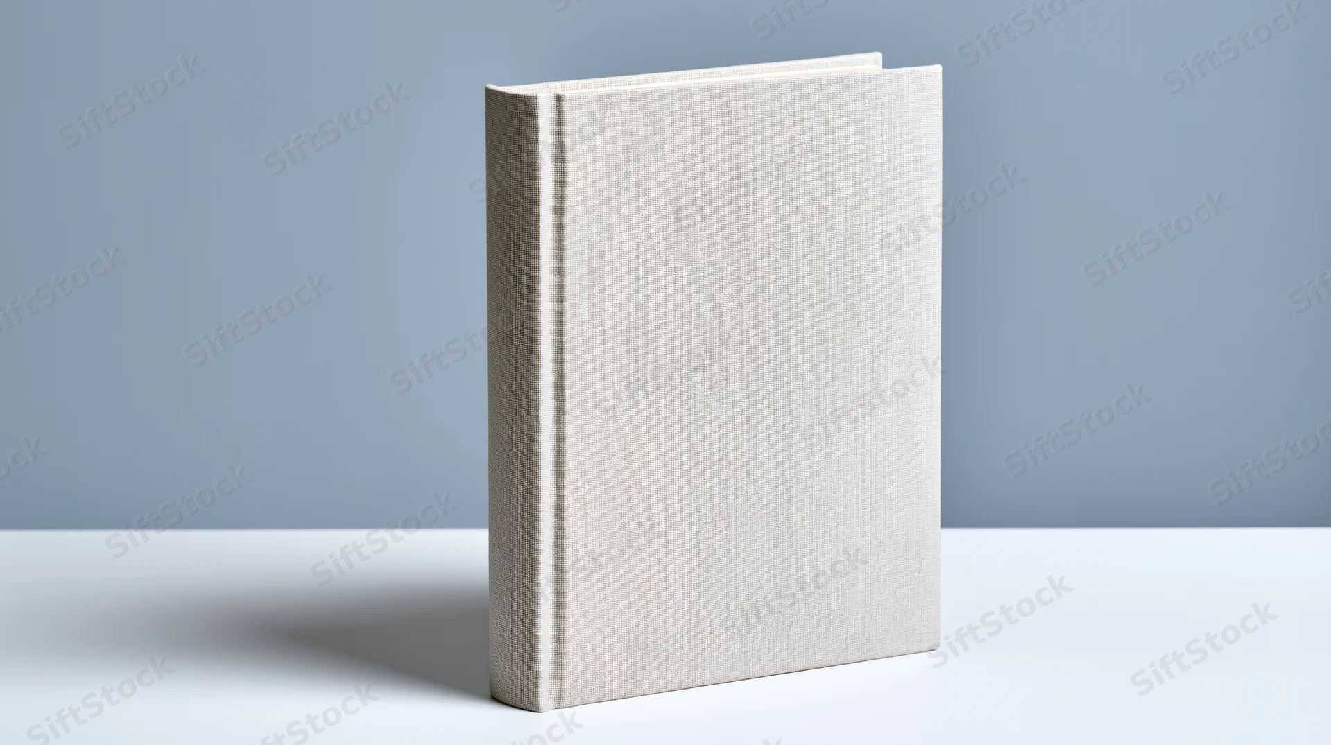 Blank hardcover book with linen-textured cream cover standing upright on white surface against gray background