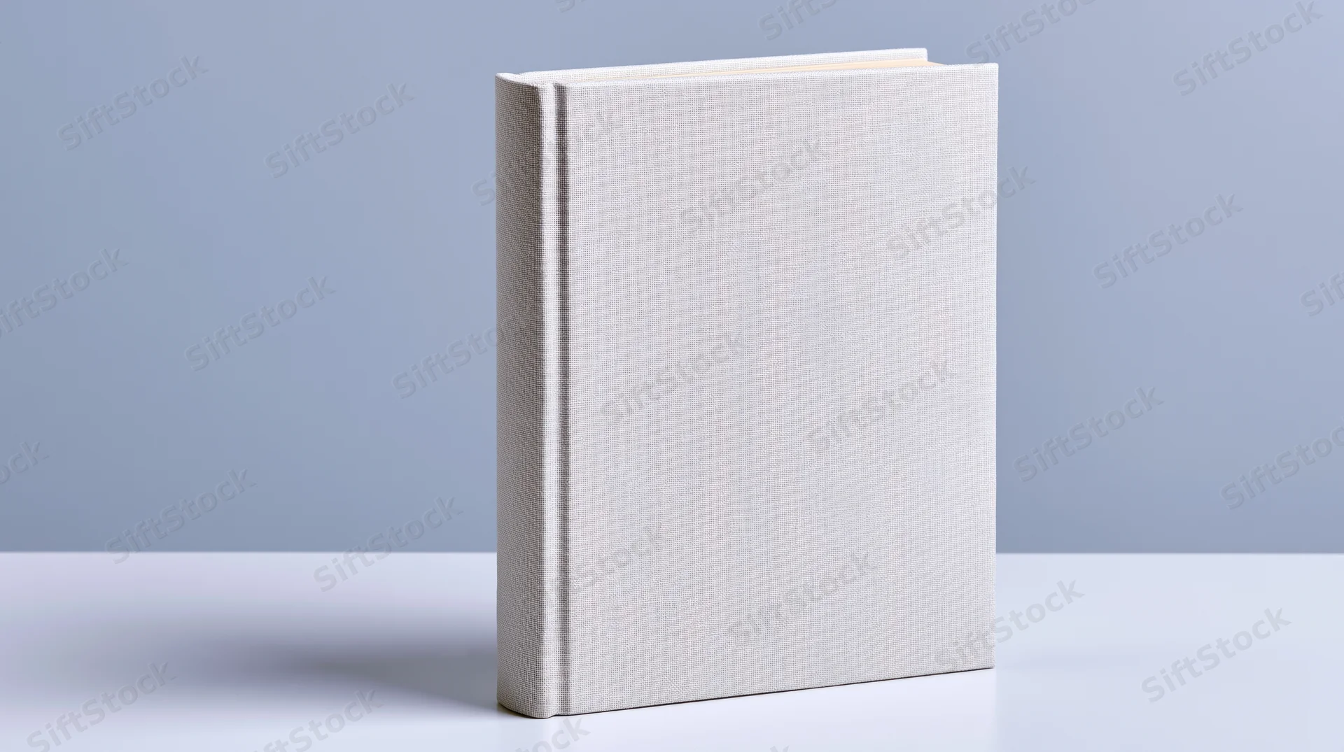 Blank hardcover book with linen-textured cream cover standing upright on white surface against gray background