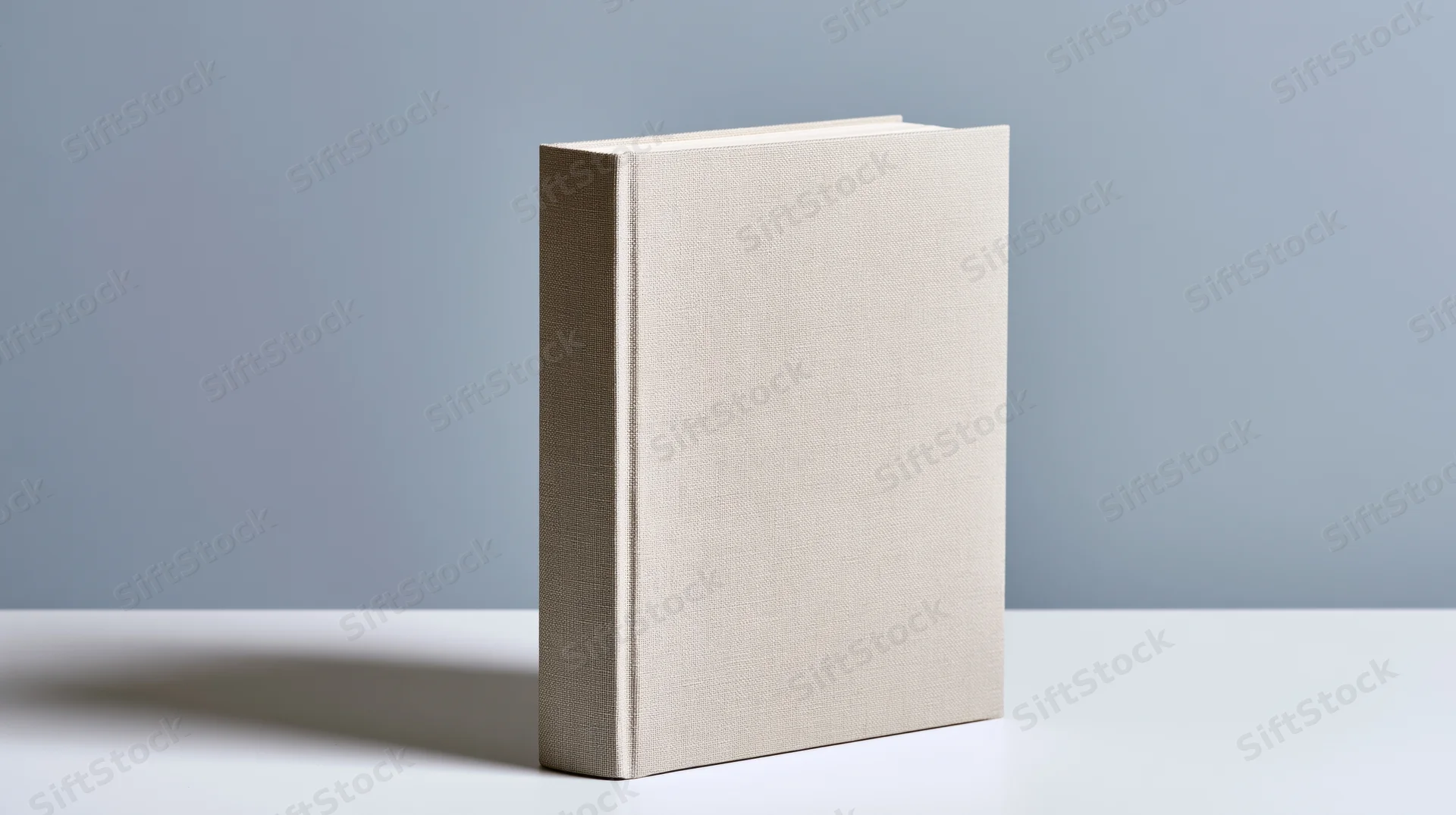 Blank hardcover book with linen-textured cream cover standing upright on white surface against gray background