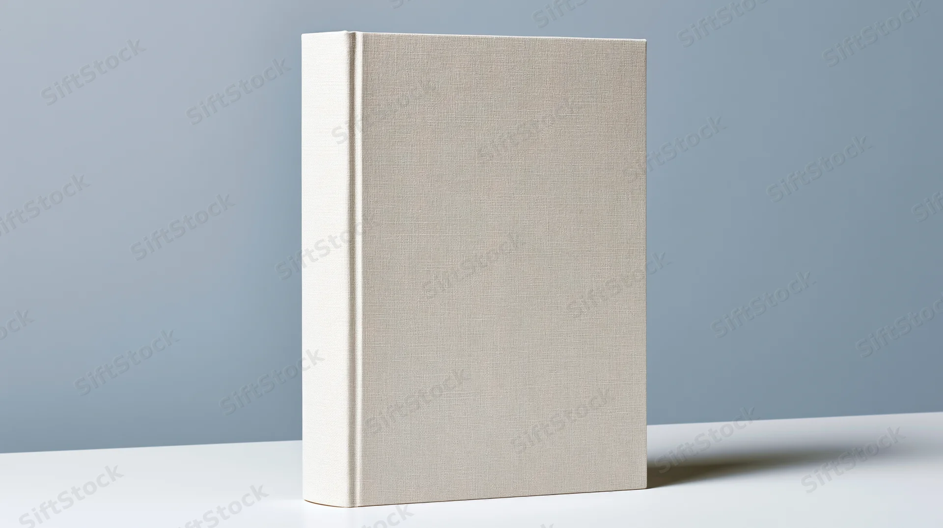 Blank hardcover book with linen-textured cream cover standing upright on white surface against gray background