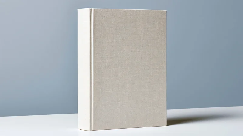Blank hardcover book with linen-textured cream cover standing upright on white surface against gray background