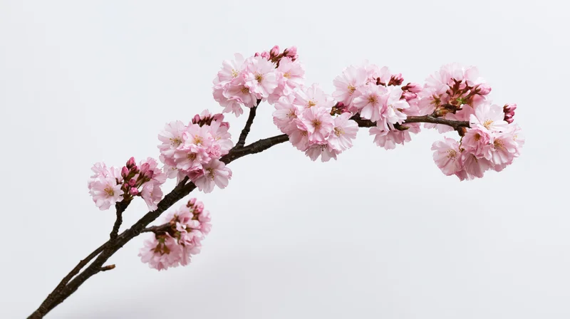 Cherry blossom branch with pale pink sakura flowers blooming against white background