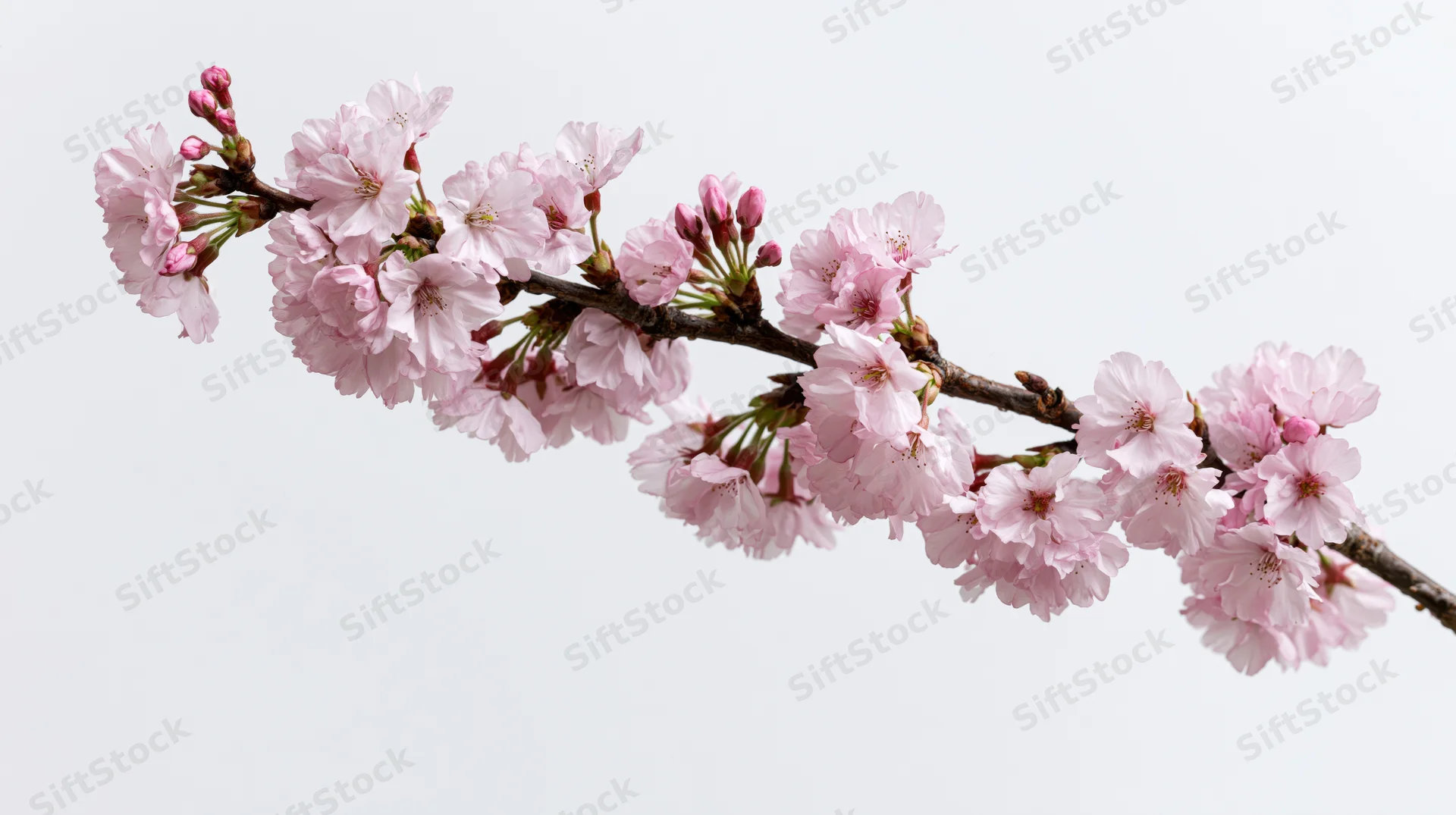 Cherry blossom branch with pale pink flowers blooming against a white background