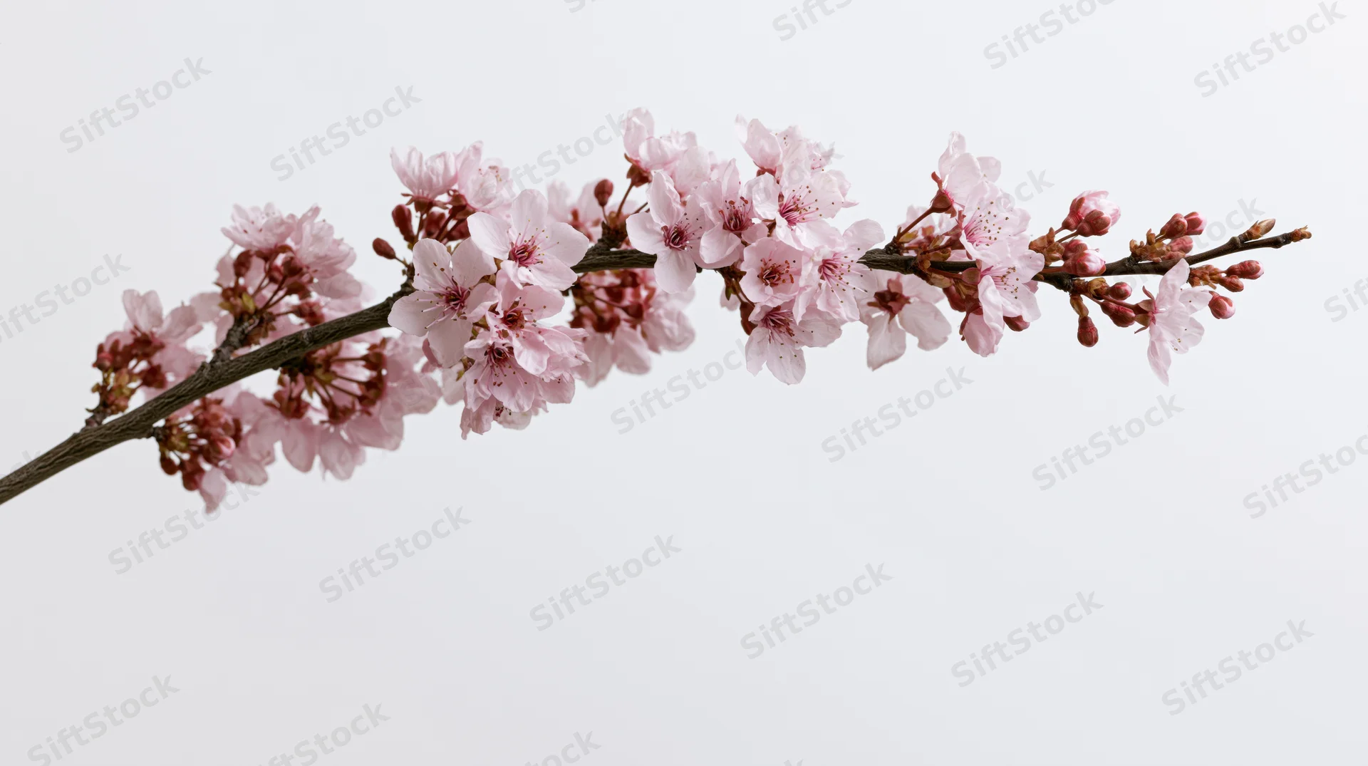 Cherry blossom branch with pale pink sakura flowers blooming against white background