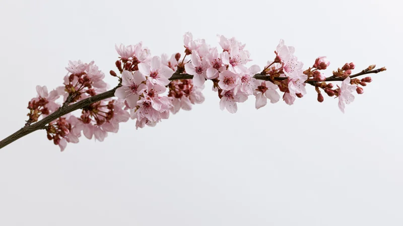 Cherry blossom branch with pale pink sakura flowers blooming against white background