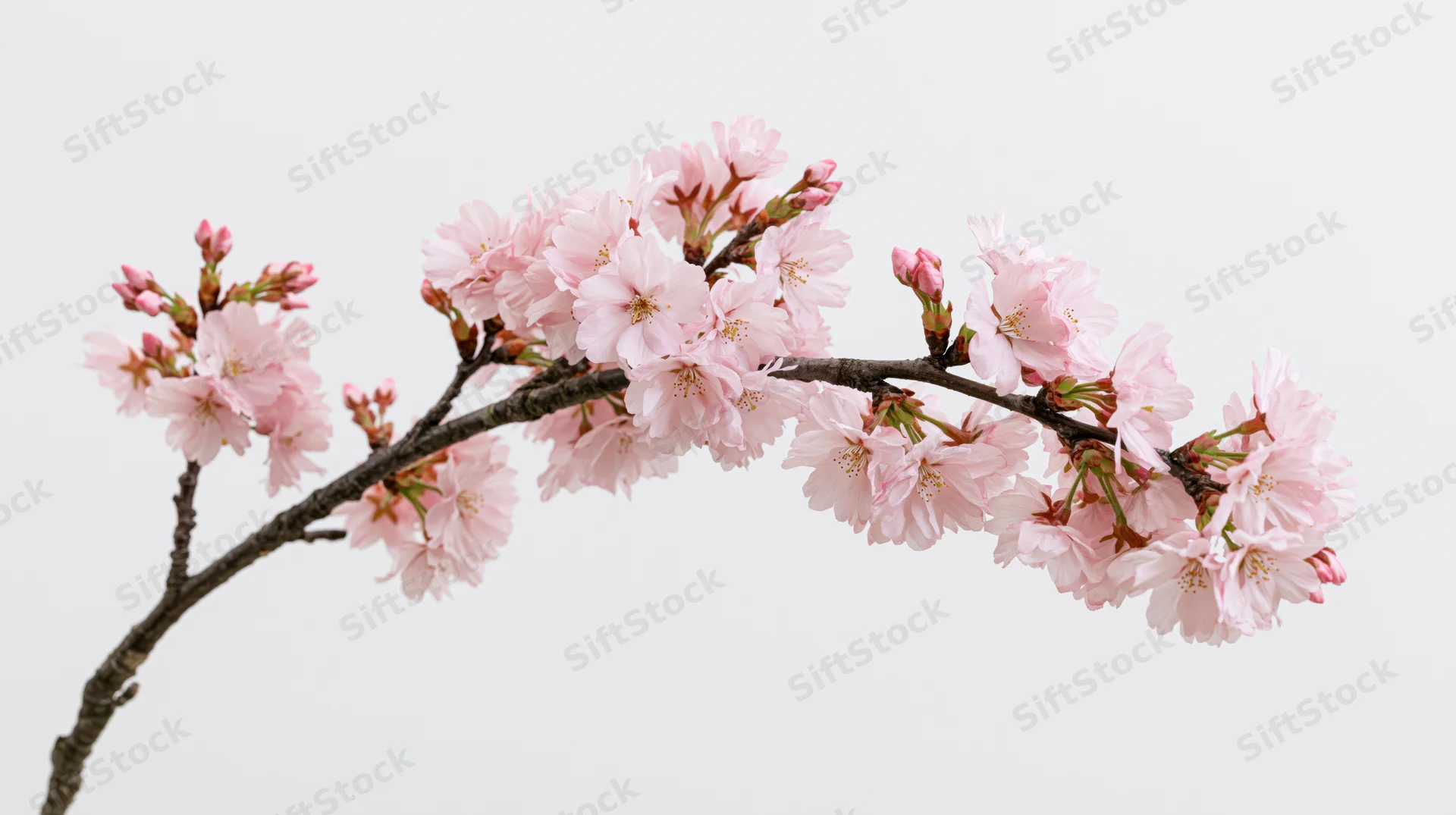 Cherry blossom branch with pale pink sakura flowers blooming against a plain white background
