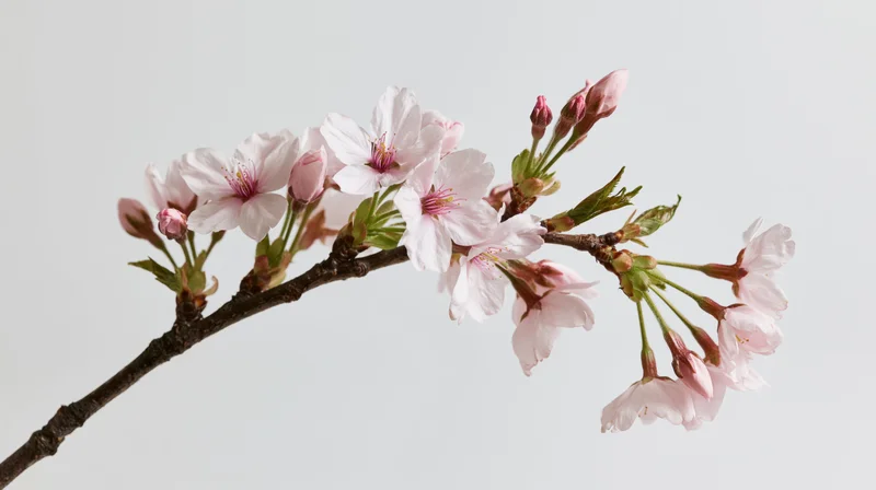 Cherry blossom branch with open pale pink flowers and buds against a plain white background