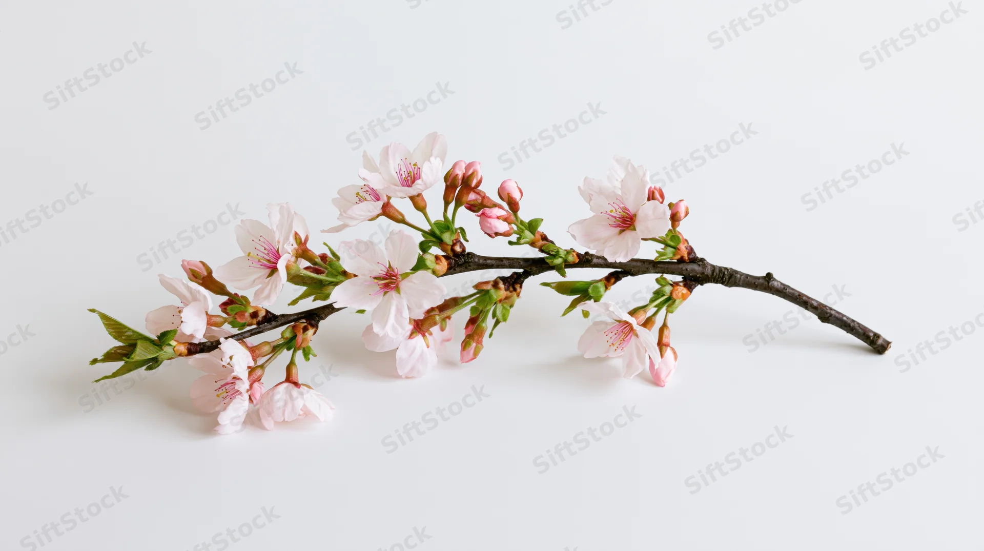 Cherry blossom branch with open pale pink flowers and buds on white background