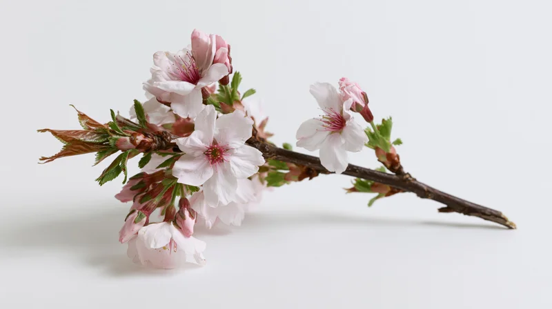 Cherry blossom branch with open pale pink flowers on white background