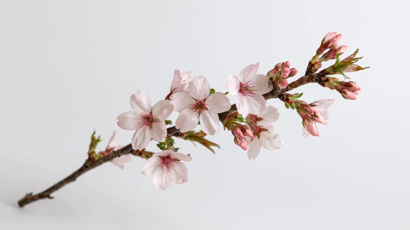 Cherry blossom branch with open pale pink flowers and buds on white background